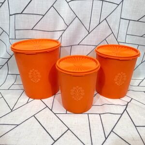 Tupperware Servalier Canister Set 3pc Orange Vintage Sunburst LG LID CRACKED